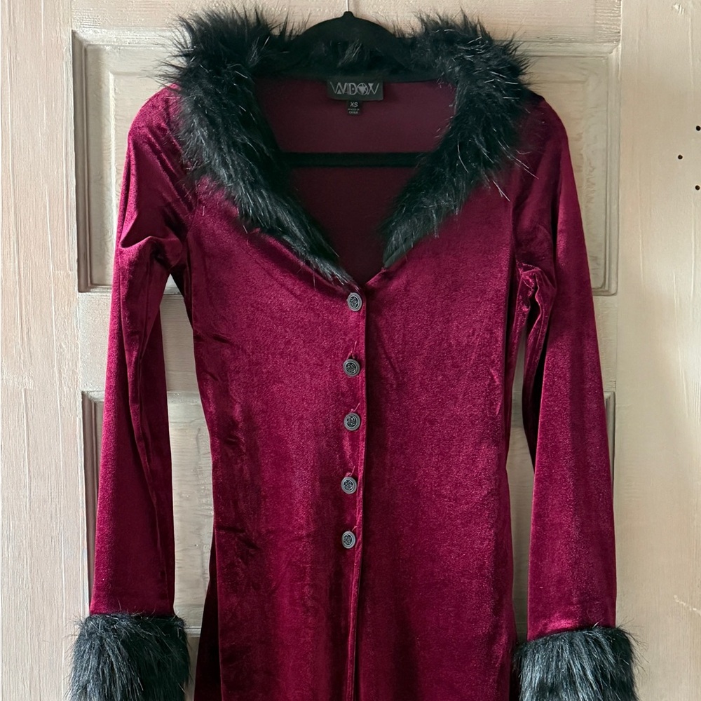 Red Velvet and Black Long Sleeve Coat - WIDOW
